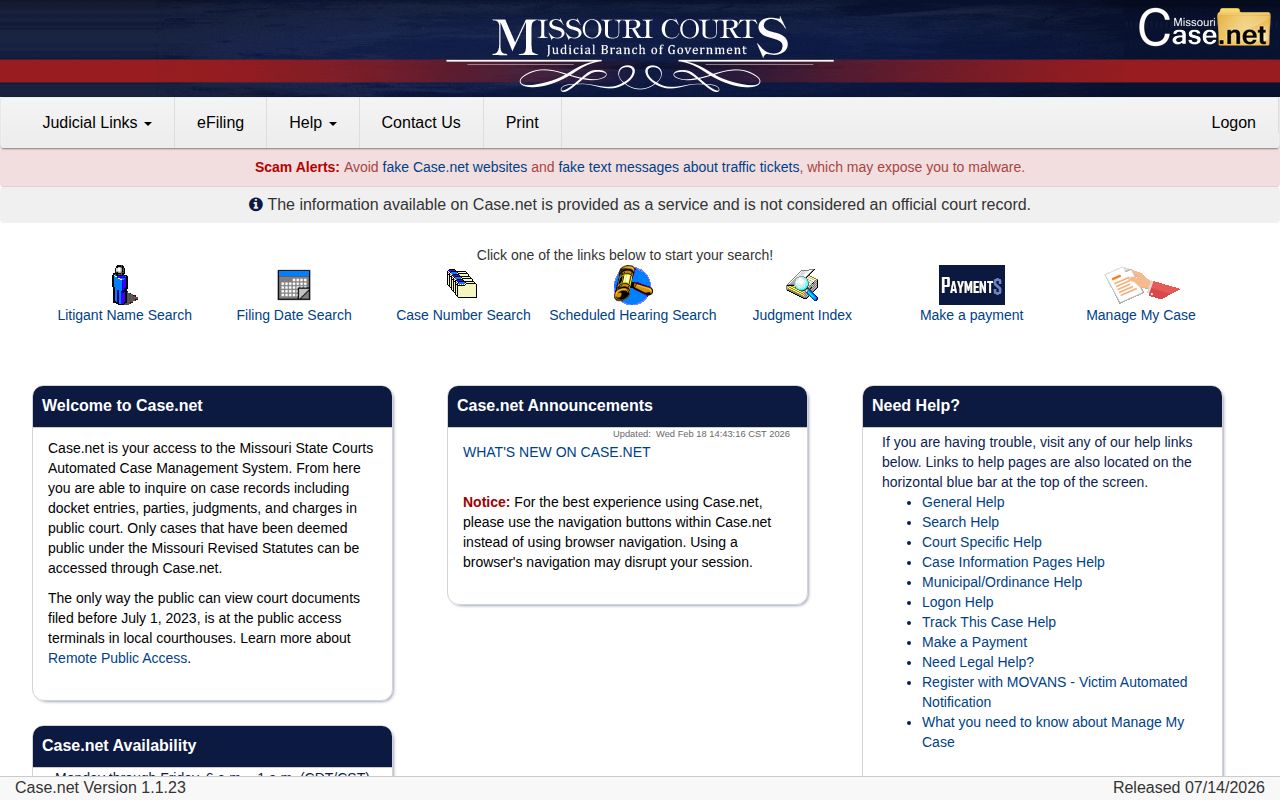 Missouri Case.net court record search for Lawrence County booking follow-up